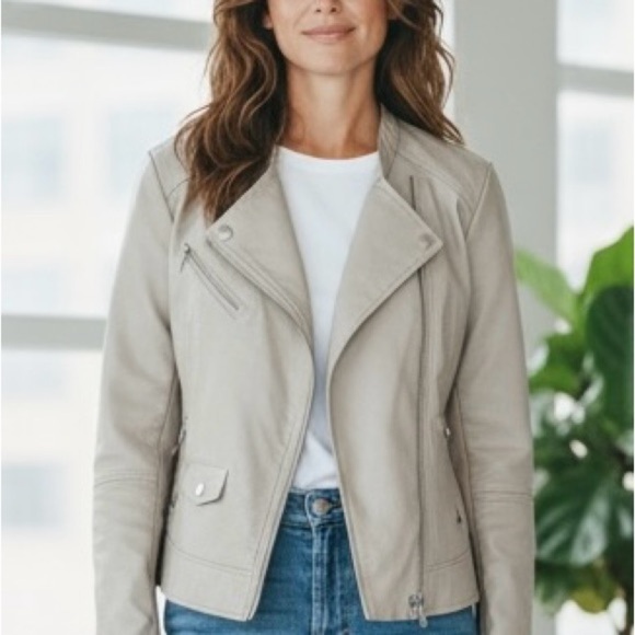 Women's Kenneth Cole Reaction Faux Cement/Sone Color Leather Moto Jacket Sz XL - Picture 6 of 6